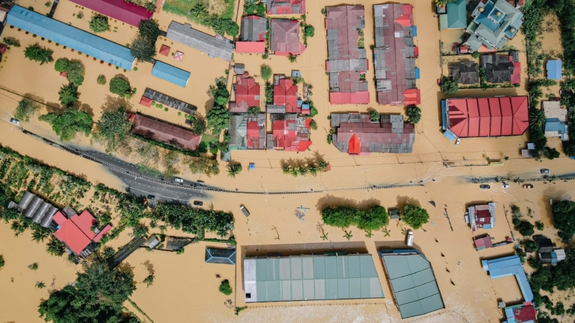 Aerial image of a flooded neighborhood
