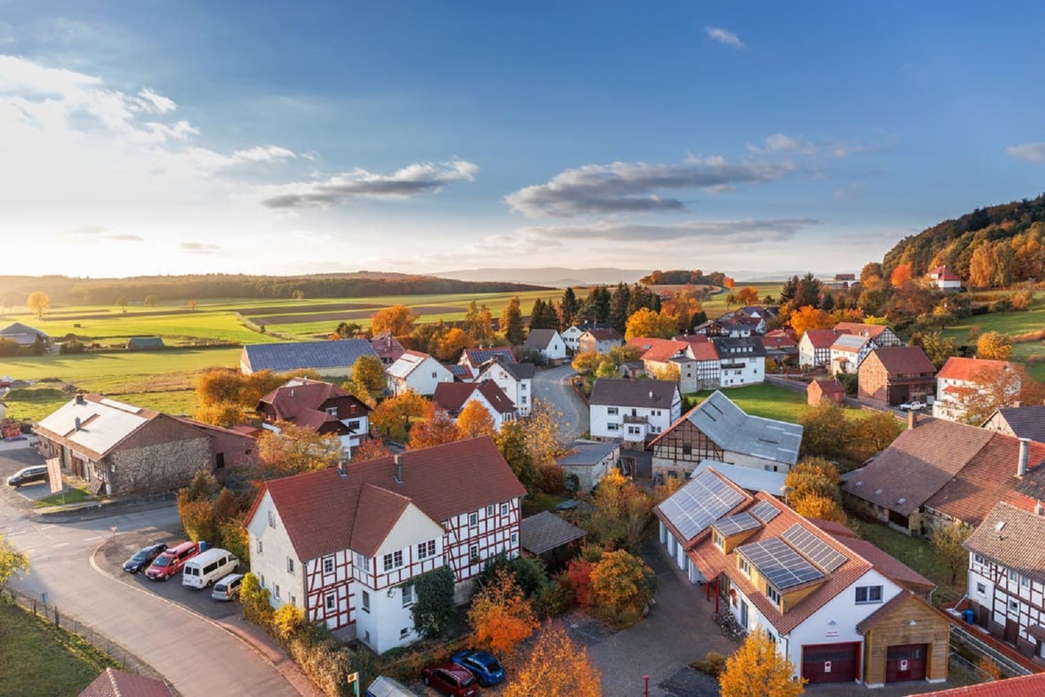 Aerial view of neighborhood in fall