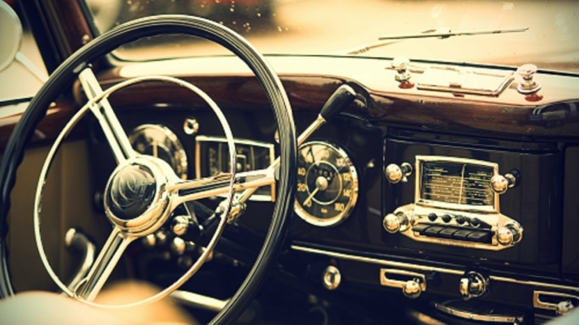 Old car and steering wheel