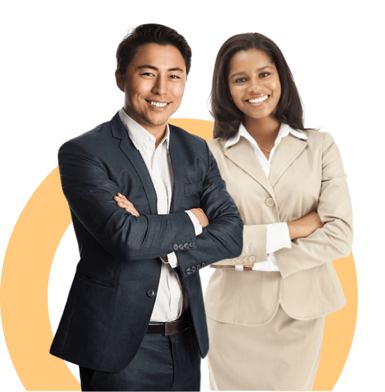 Man and woman professionals standing smiling