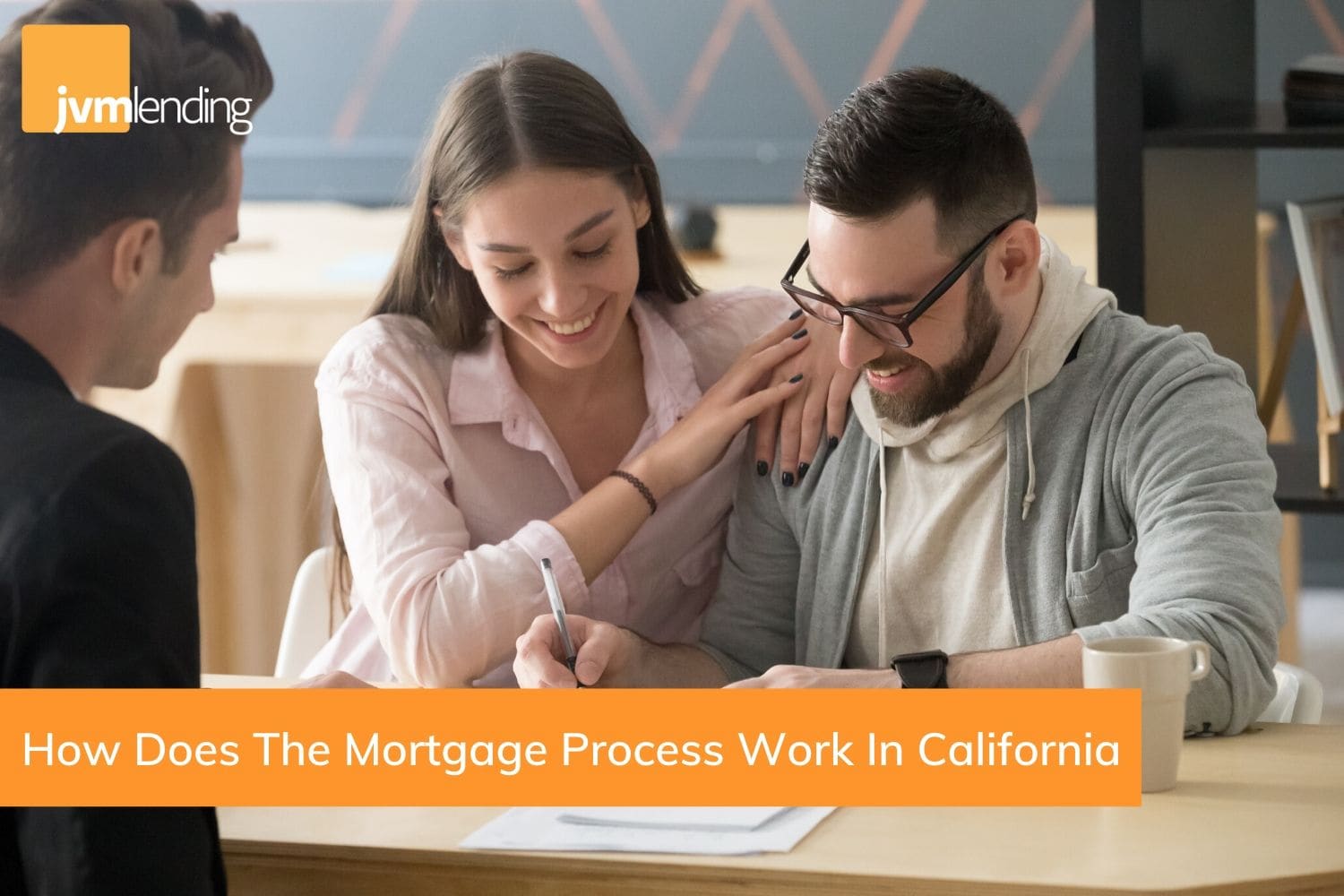 Homebuyers working with their mortgage lender throughout the mortgage process in California. The closing process is where buyers sign their documents in the mortgage process.