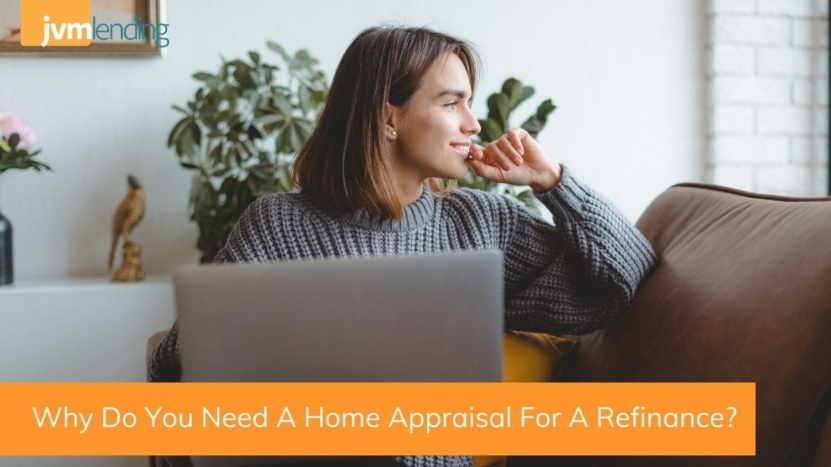 A woman sits on her couch and considers getting an appraisal for her home.