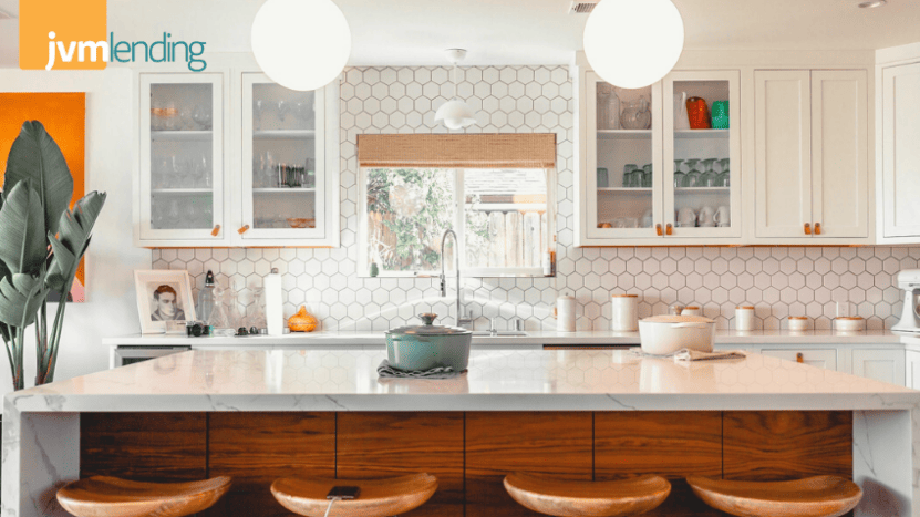 White modern kitchen with island and white tile backsplash