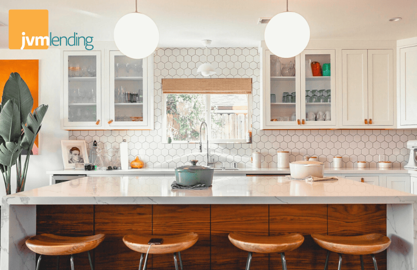 White modern kitchen with island and white tile backsplash