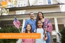 A young veteran family smiles in front of their new home with American flags. Using a VA home loan is one of the best options for veteran buyers.