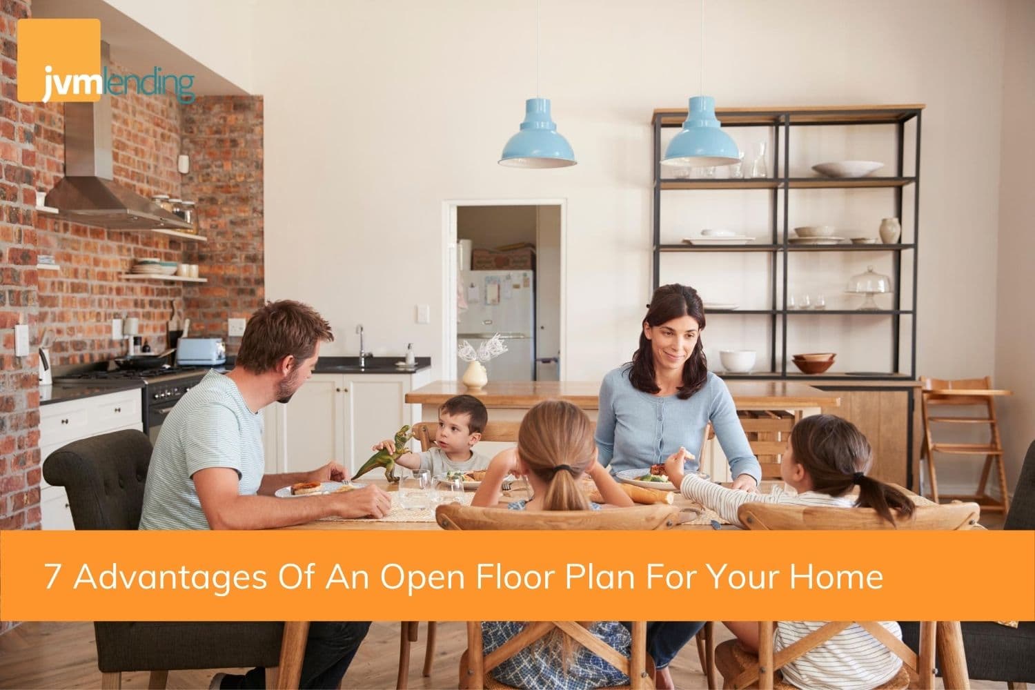 A family enjoys dinner together in the dining room of their open concept home.