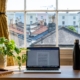 A computer is pulled up to a document about mortgage rates on a desk with a houseplant in an office facing a window with a view of the neighborhood.