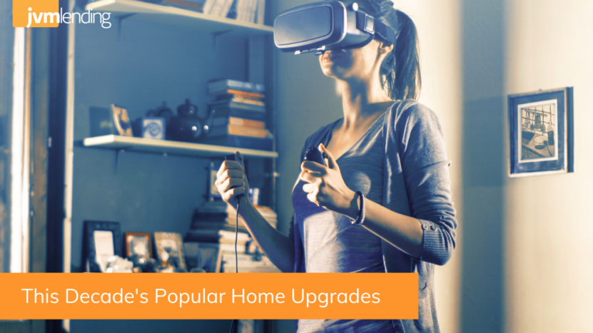 A woman using the latest technology upgrades in her home uses an AR headset.