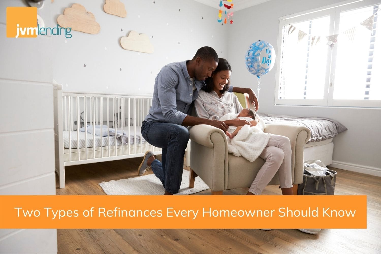 A young black couple sits in a nursery at home with a newborn baby. Refinancing provides homeowners with options to expand their family and their home with their saved funds.