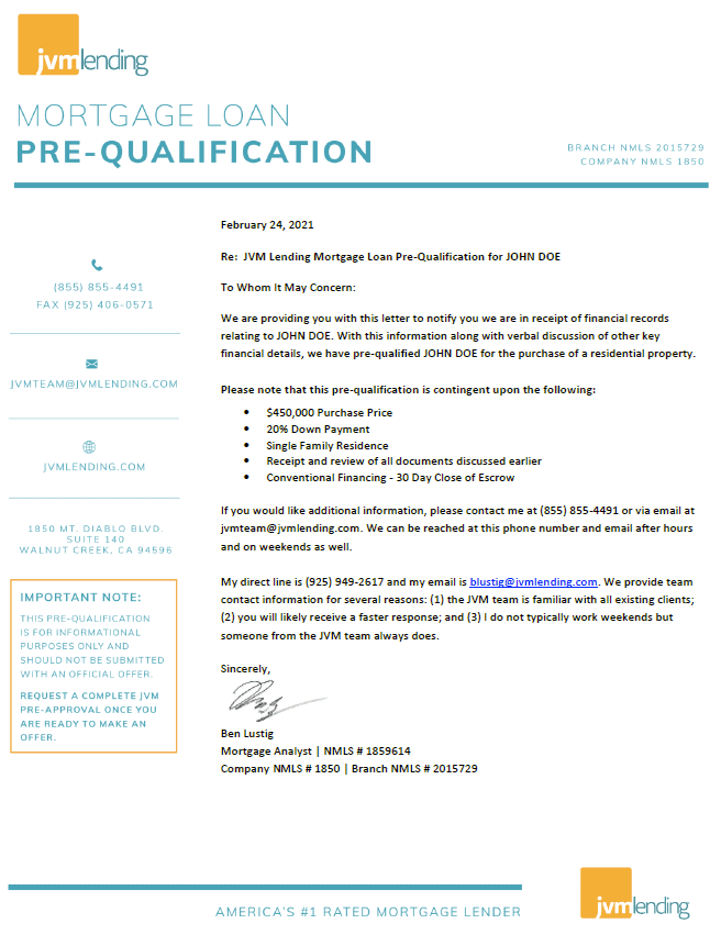 Example of a Pre-Qualification Letter for a client who is ready to look at houses but not prepared to buy yet.