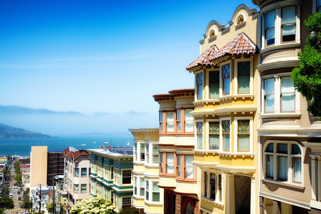 Colorful San Francisco building tops with Bay Sunny day