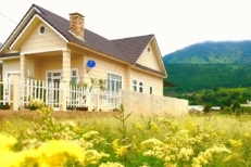 Small home set in rolling hills next to field of yellow flowers