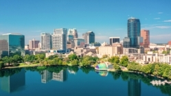 Aerial view of Orlando skyline and reflection in Lake Eola