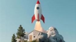 Red and white rocket launching from the roof of a small house, symbolizing rising home values and mortgage rate increases