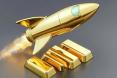 3D illustration of a gold rocket launching from stacked gold bars, symbolizing rising gold prices and financial growth.