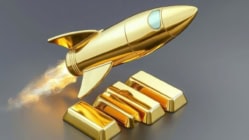 3D illustration of a gold rocket launching from stacked gold bars, symbolizing rising gold prices and financial growth.