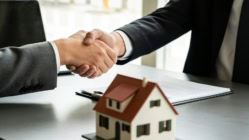 Real estate transaction handshake between buyer and agent over signed contract with house model, symbolizing home purchase, mortgage approval, and property investment.