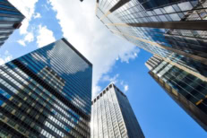 Skyrise buildings in a city.