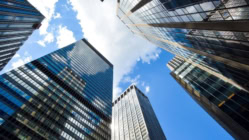 Skyrise buildings in a city.