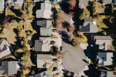 Aerial shot of houses in a town