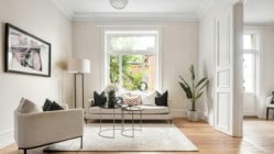 Living room interior with stylish furniture, focus on soft carpet