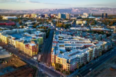 Drone photo of sunset over downtown San Jose in California